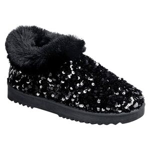Black sequin faux fur bootie